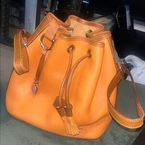 Women’s Orange Leather Drawstring Bucket Shoulder Bag